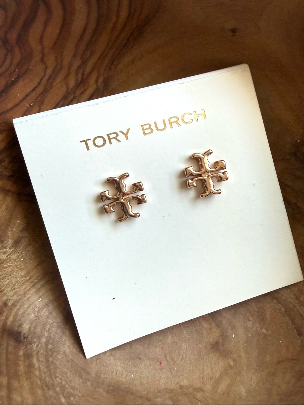 Signature Tory Burch Double-T Logo Rose Gold Tone Stud Earrings
